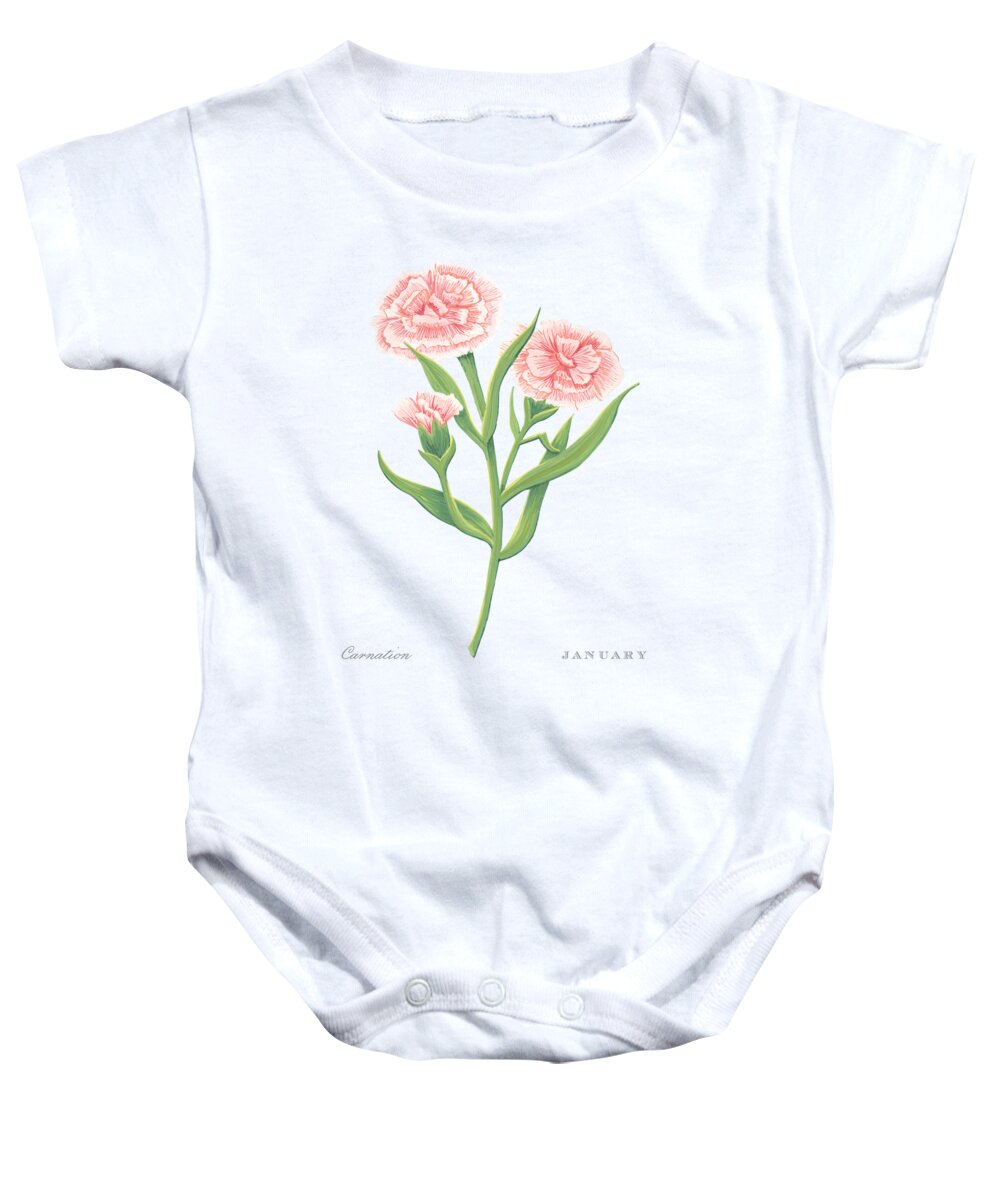 Carnation Baby Onesie featuring the painting Carnation January Birth Month Flower Botanical Print on White - Art by Jen Montgomery by Jen Montgomery