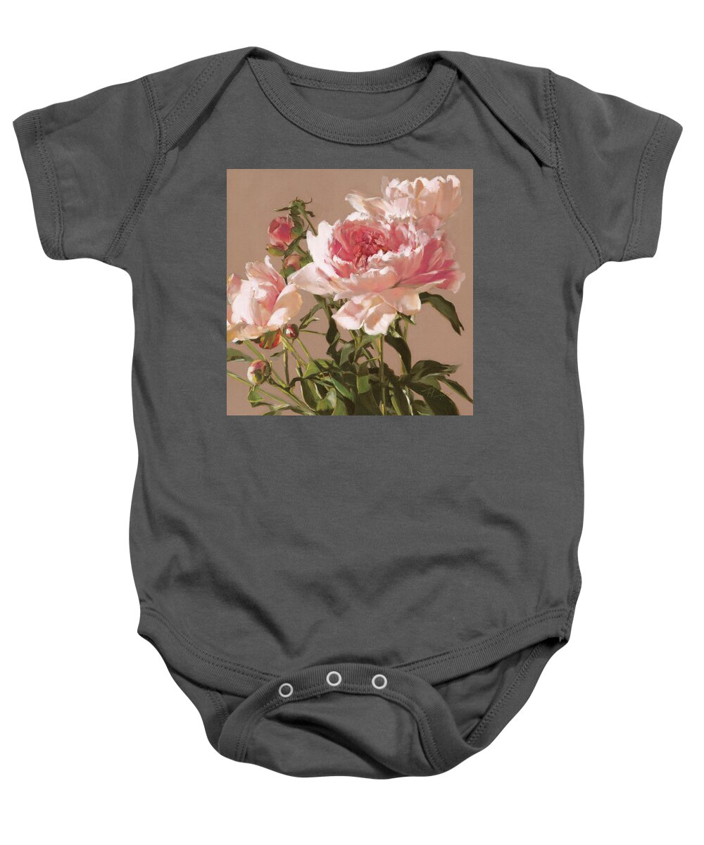 Pink Peonies Baby Onesie featuring the painting Pink Peonies by Roxanne Dyer