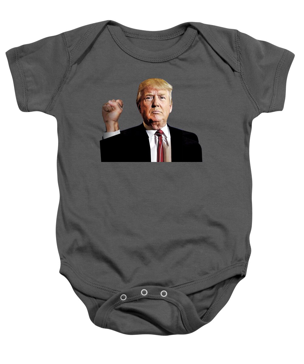 Trump Baby Onesie featuring the painting President Donald J Trump Signature Power Fist Tee Tees T-Shirt 2020 by Tony Rubino