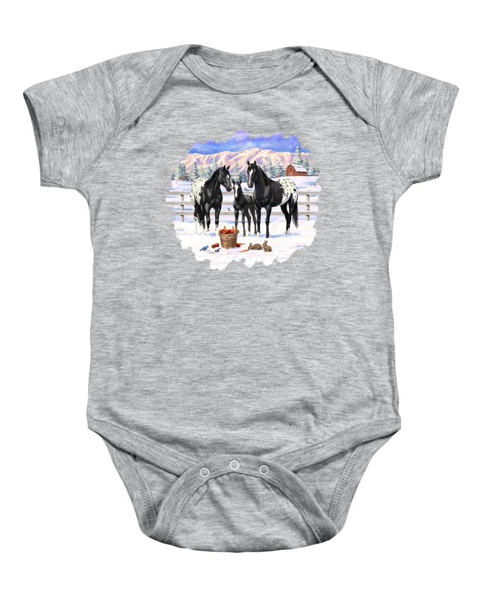 Horses Baby Onesie featuring the painting Black Appaloosa Horses In Snow by Crista Forest