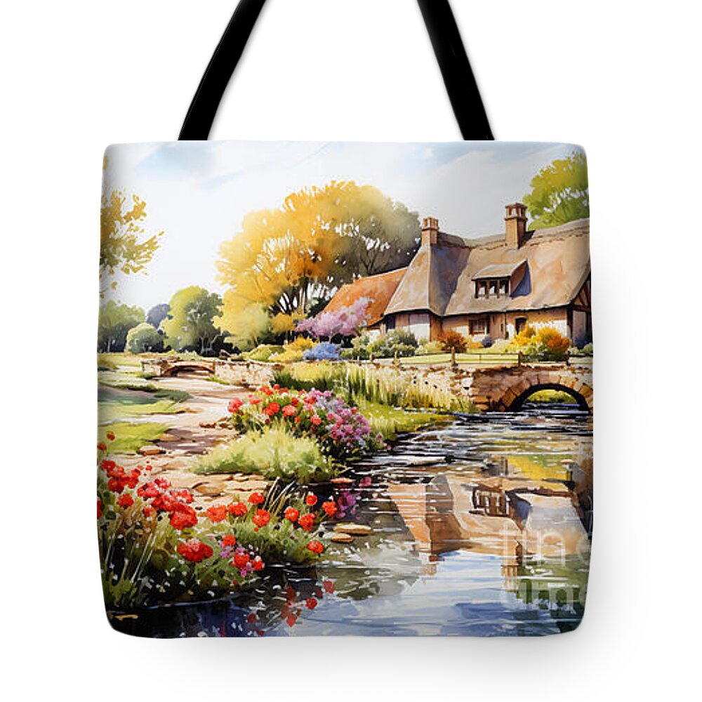 Cottage Tote Bag featuring the painting 4d watercolour sketch of a thatched Cotswolds by Asar Studios #1 by Celestial Images