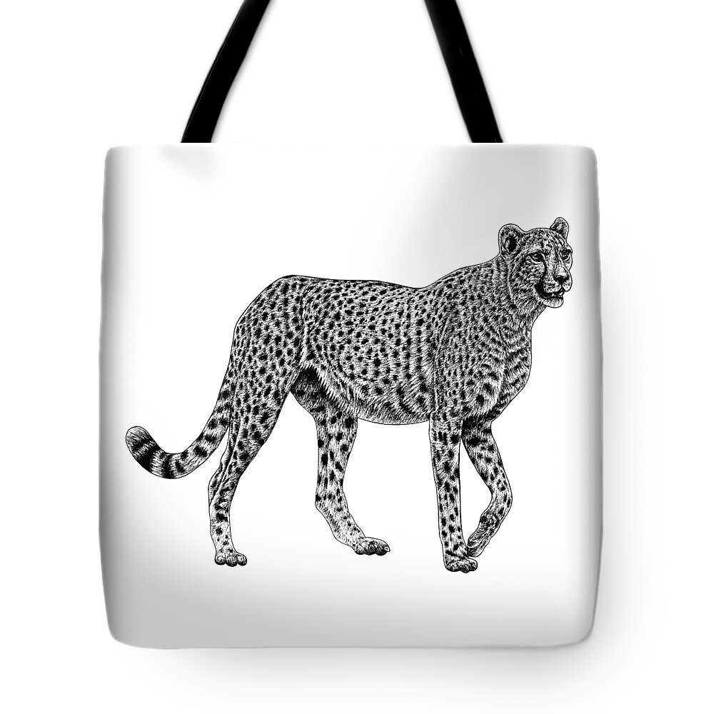 Chetah Tote Bag featuring the drawing African cheetah big cat ink illustration by Loren Dowding