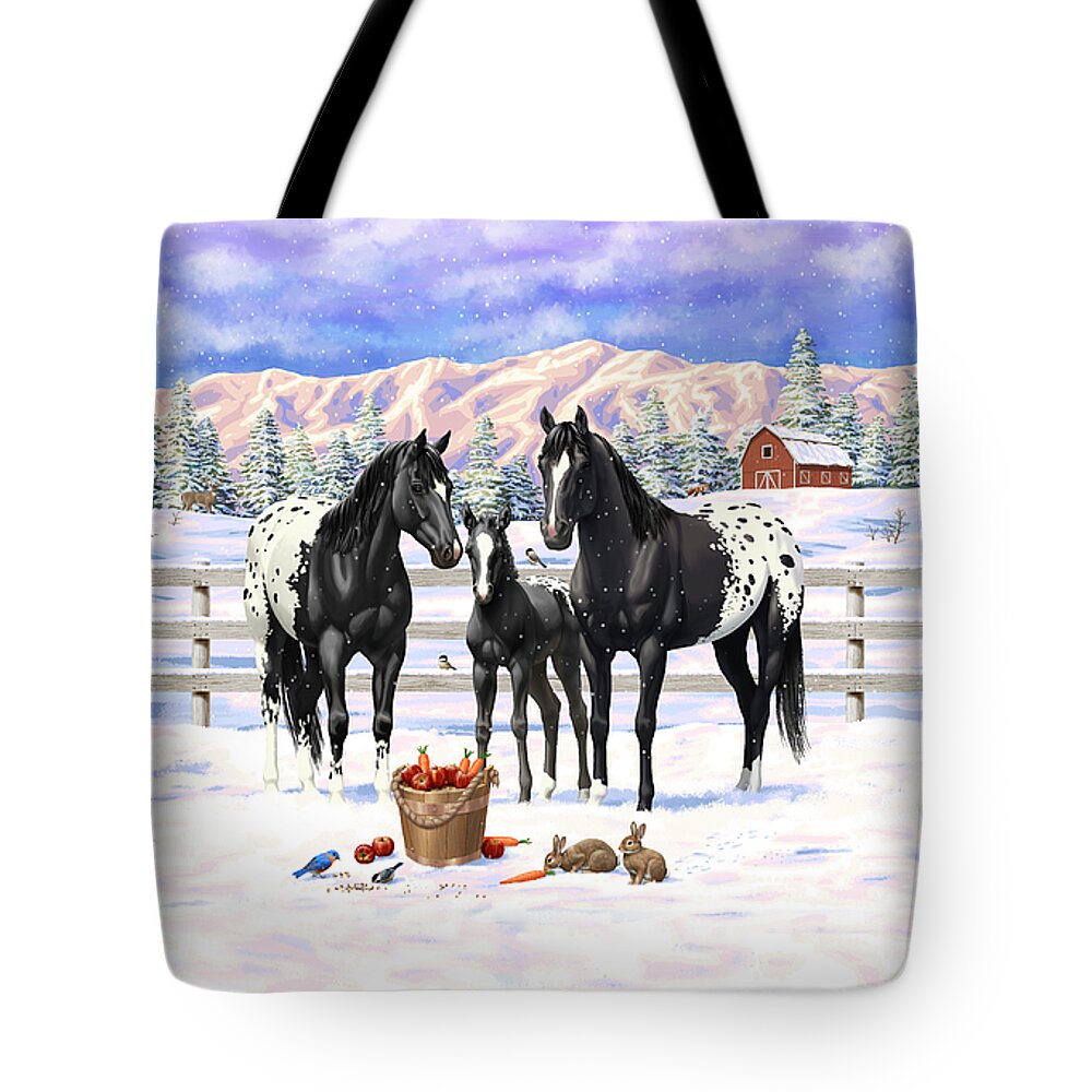Horses Tote Bag featuring the painting Black Appaloosa Horses In Snow by Crista Forest