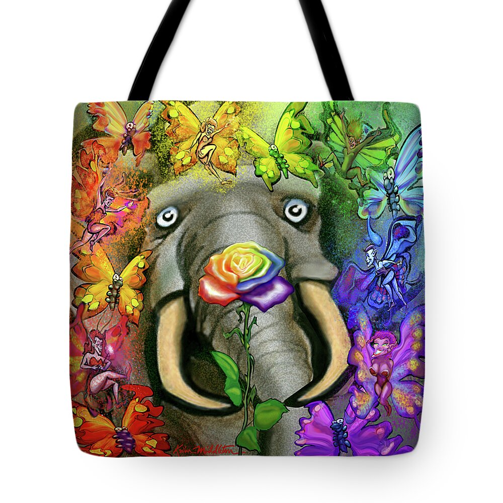 Rainbow Tote Bag featuring the digital art Rainbow Rose with Pixies by Kevin Middleton