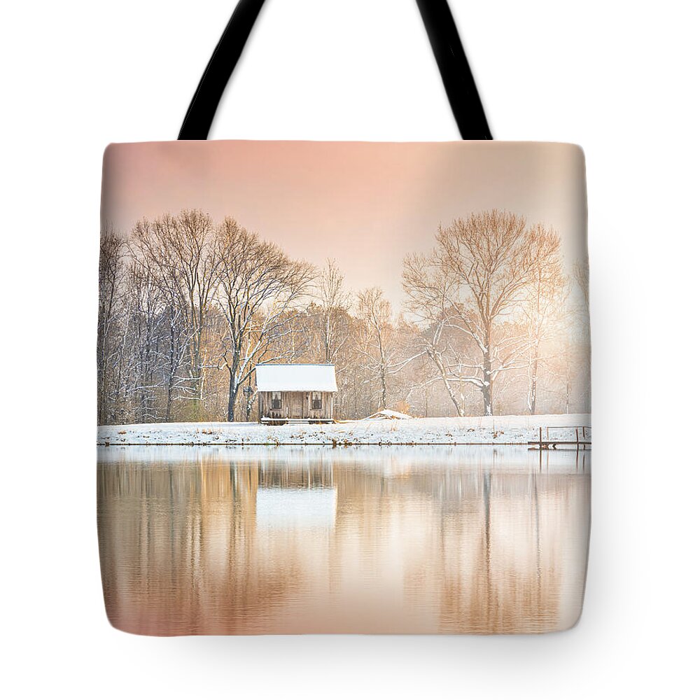 Shack Tote Bag featuring the photograph Cabin By The Lake In Winter by Jordan Hill