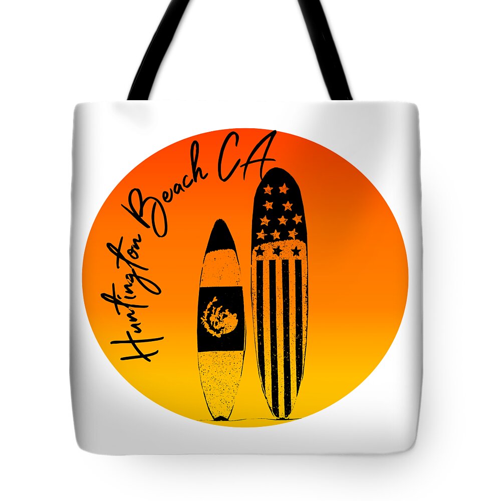 Huntington Beach Tote Bag featuring the digital art Huntington Beach Surfboards and Sunsets by Colleen Cornelius