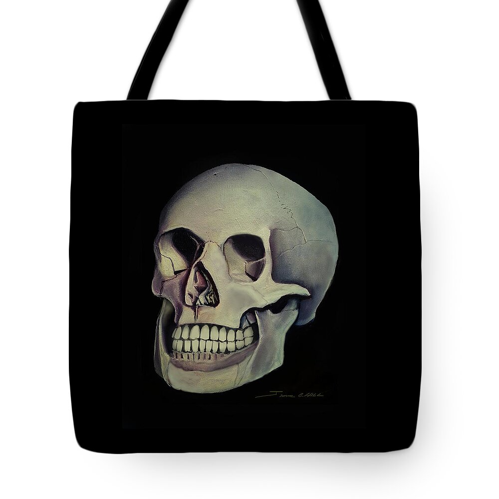 Copyright 2015 James Christopher Hill Tote Bag featuring the painting Medical Skull by James Hill