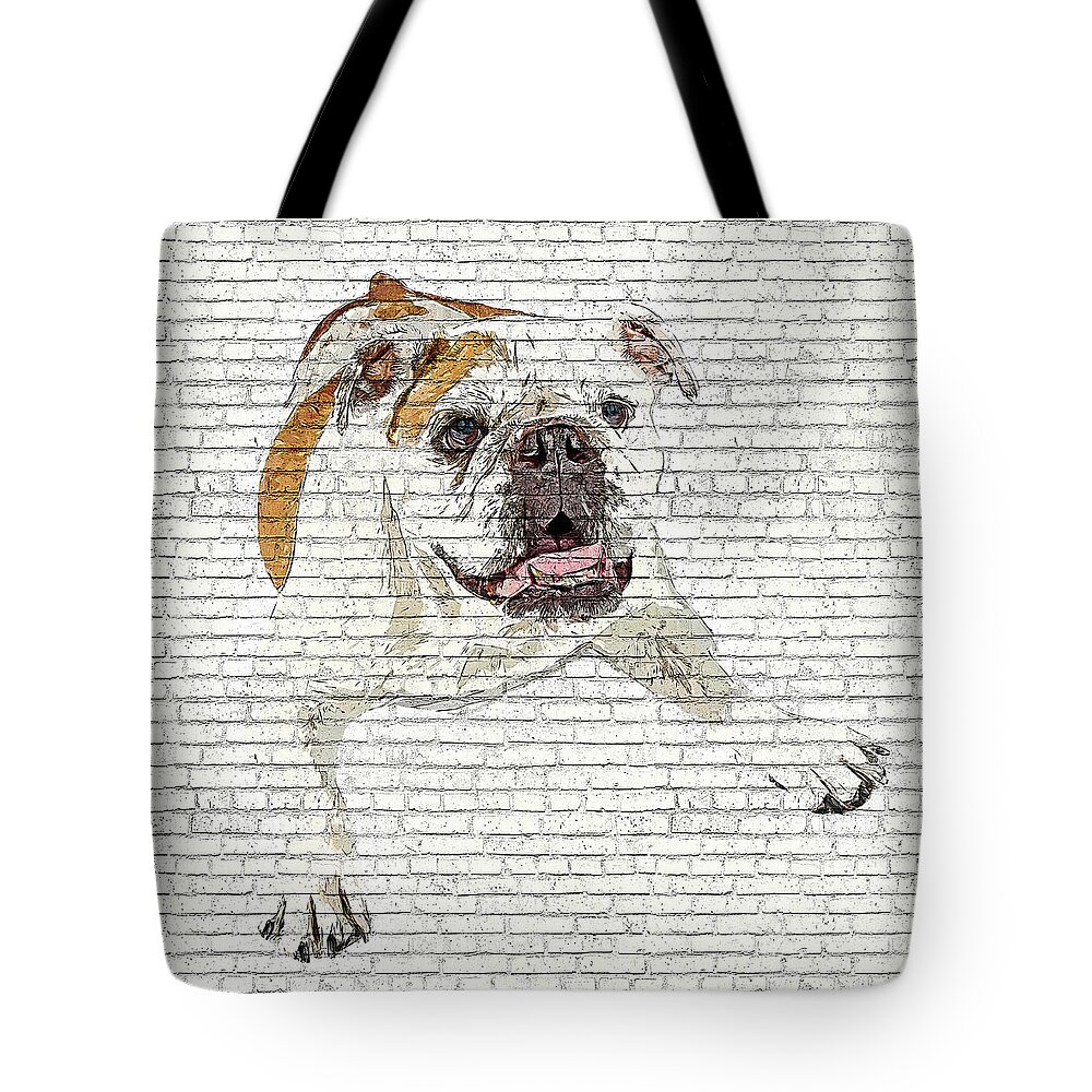 Bulldog Tote Bag featuring the painting So Awkwardly Cute, Bulldog - Brick Block Background by Custom Pet Portrait Art Studio