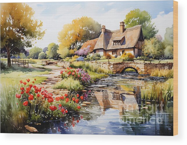 Cottage Wood Print featuring the painting 4d watercolour sketch of a thatched Cotswolds by Asar Studios #1 by Celestial Images