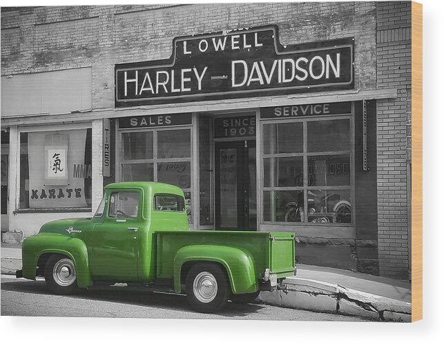 Ford Wood Print featuring the photograph Ford Truck at Lowell Harley Davidson by Bonny Puckett