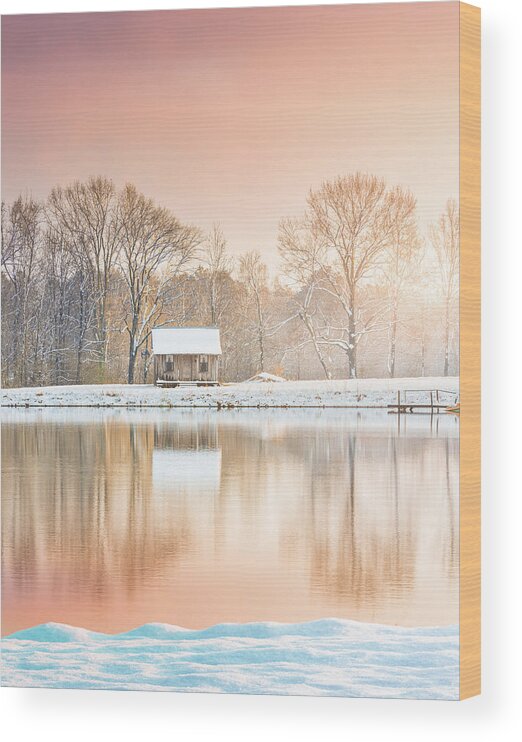 Shack Wood Print featuring the photograph Cabin By The Lake In Winter by Jordan Hill