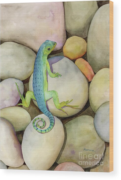 Blue Lizard Wood Print featuring the painting Blue Lizard by Hailey E Herrera