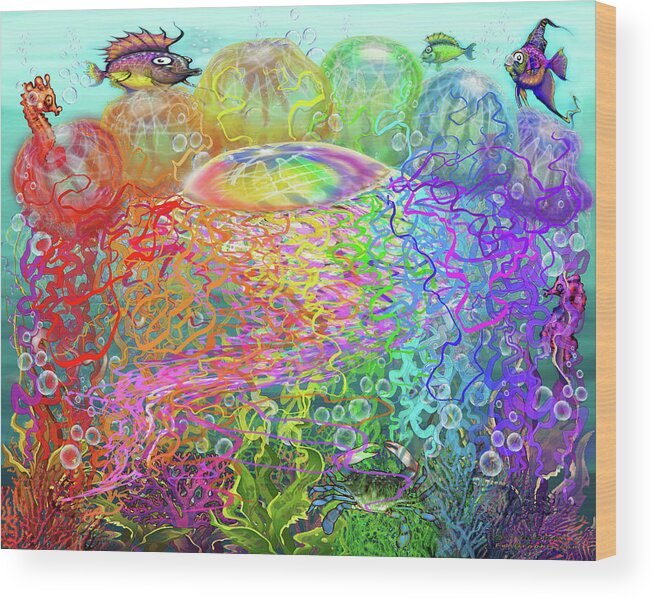 Rainbow Wood Print featuring the digital art Rainbow Jellyfishes by Kevin Middleton