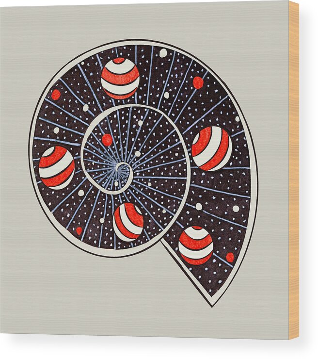 Spiral Wood Print featuring the drawing Spiral Galaxy Snail With Beach Ball Planets #2 by Boriana Giormova