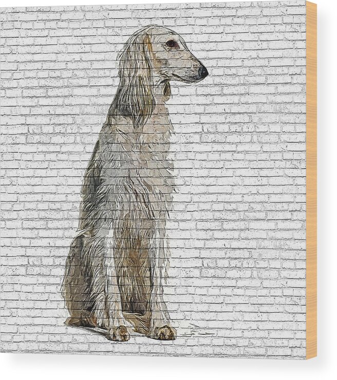 Saluki Wood Print featuring the painting So Beautiful and Cool, Saluki Dog - Brick Block Background by Custom Pet Portrait Art Studio