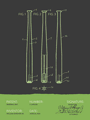 Baseball Royalty-Free and Rights-Managed Images -  Baseball Bat Patent from 1924 - Gray Green by Aged Pixel