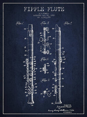 Musicians Digital Art -  Fipple Flute Patent drawing from 1959 - Navy Blue by Aged Pixel