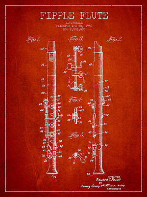 Musicians Digital Art -  Fipple Flute Patent drawing from 1959 - Red by Aged Pixel