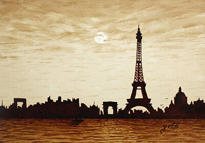 Recently Sold - Paris Skyline Paintings -  Paris Under Moonlight Silhouette France by Georgeta  Blanaru