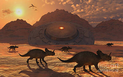 Fantasy Digital Art - A Herd Of Dinosaurs Walk Past A Flying by Mark Stevenson