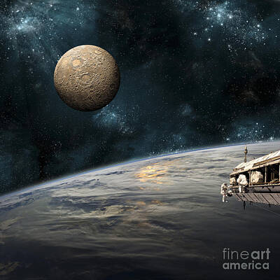 Science Fiction Royalty Free Images - Astronauts Working On Space Station Royalty-Free Image by Marc Ward