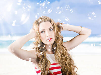 Vintage Tees - Beautiful girl wearing summer make-up on beach by Jorgo Photography