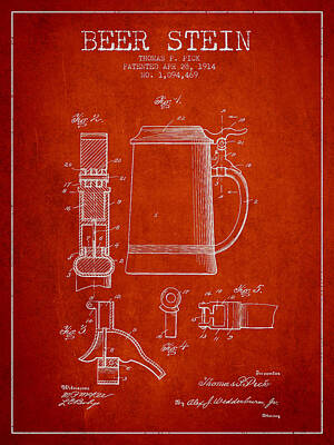Beer Royalty-Free and Rights-Managed Images - Beer Stein Patent from 1914 - red by Aged Pixel