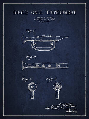Music Digital Art - Bugle Call instrument patent Drawing from 1939 - Navy Blue by Aged Pixel