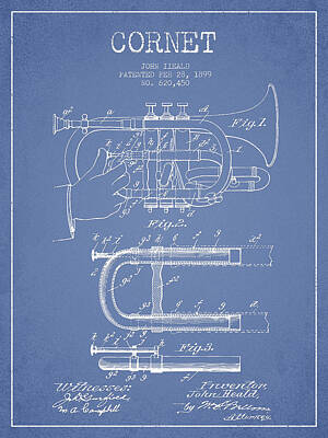 Music Digital Art - Cornet Patent Drawing from 1899 - Light Blue by Aged Pixel