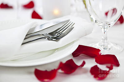 Roses Photos - Romantic dinner setting with rose petals 1 by Elena Elisseeva