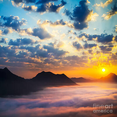 Surrealism - Sea of clouds on sunrise with ray lighting by Setsiri Silapasuwanchai