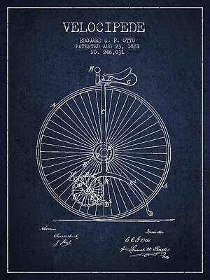 Transportation Digital Art Rights Managed Images - Velocipede Patent Drawing from 1881 - Navy Blue Royalty-Free Image by Aged Pixel