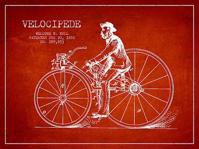 Transportation Digital Art Royalty Free Images - Velocipede Patent Drawing from 1882- Red Royalty-Free Image by Aged Pixel