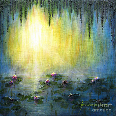 Lilies Paintings - Water Lilies at Sunrise by Jerome Stumphauzer