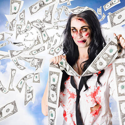 Surrealism - Zombie person with falling 1 dollar US bank notes by Jorgo Photography