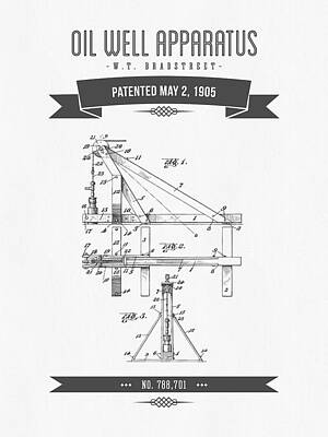 Thomas Kinkade - 1905 Oil Well Apparatus Patent Drawing - Retro Gray by Aged Pixel