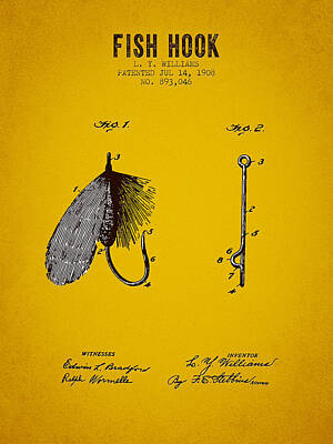Sports Digital Art - 1908 Fish Hook Patent - Yellow Brown by Aged Pixel