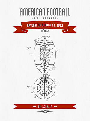 Football Royalty-Free and Rights-Managed Images - 1923 American Football Patent Drawing - Retro Red by Aged Pixel