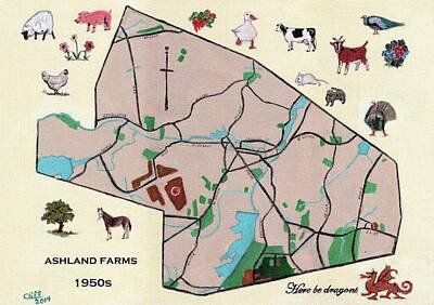 Food And Beverage Paintings - 1950s Ashland Farm Map by Cliff Wilson