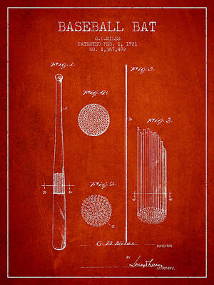 Baseball Royalty-Free and Rights-Managed Images - Baseball Bat Patent Drawing From 1921 by Aged Pixel