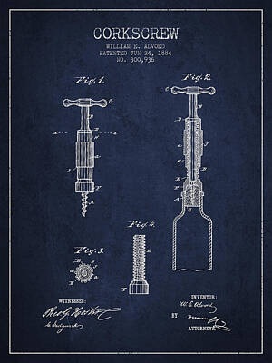 Wine Digital Art Royalty Free Images - Corkscrew patent Drawing from 1884 Royalty-Free Image by Aged Pixel