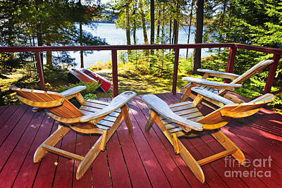 War Ships And Watercraft Posters - Forest cottage deck and chairs 3 by Elena Elisseeva