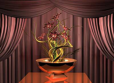 Abstract Flowers Digital Art - Gold twist red flower by Louis Ferreira
