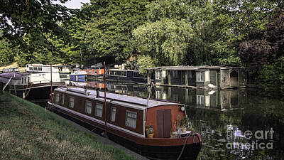 Moody Trees - Narrow boat barge under the green trees in Cambridge by Frank Bach