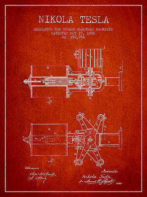 Studio Grafika Vintage Posters - Nikola Tesla Patent Drawing From 1886 - Red by Aged Pixel