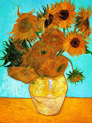 Sunflowers Paintings - Vase with Twelve Sunflowers  by Celestial Images