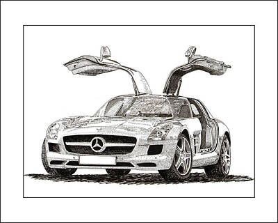 Sports Drawings - Gull Wing Mercedes Benz S L S Gull-Wing by Jack Pumphrey