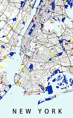 Cities Digital Art - Map of New York in the style of Piet Mondrian by Celestial Images