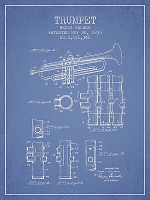 Best Sellers - Music Digital Art - Trumpet Patent from 1939 - Light Blue by Aged Pixel