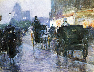 Animals Photos - Horse Drawn Cabs at Evening by Childe Hassam